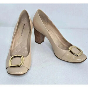Jorge Bischoff Leather Beige Heel Pumps Shoes Sz 37 /US 6 Gold Buckle Accessory